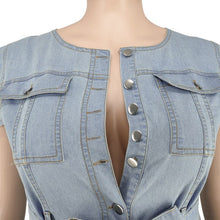 Carregar imagem no visualizador da galeria, Macacão de Denim Sem Mangas com Corda, Jeans Lavado, Macacão com Botões de Um Só Peito, Cintura Alta, Faixa, Calças de Cowboy de Perna Larga, Moda de Rua, Tamanhos até 5XL