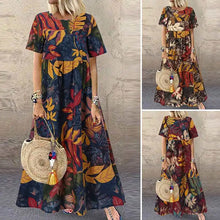 Carregar imagem no visualizador da galeria, Vestido Vintage Estampado Floral Casual de Manga Curta com Decote Redondo e Cintura Alta, Tamanhos Até 5XL