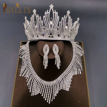 Cargar imagen en el visor de la galería, Tiara de Novia de Lujo con Rhinestones Diamante, Corona de Cumpleaños de Certamen, Accesorio de Boda, Conjunto de Pendientes y Collar en 2 Colores y Varios Patrones