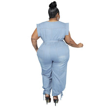 Carregar imagem no visualizador da galeria, Macacão de Denim Sem Mangas com Corda, Jeans Lavado, Macacão com Botões de Um Só Peito, Cintura Alta, Faixa, Calças de Cowboy de Perna Larga, Moda de Rua, Tamanhos até 5XL