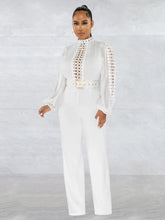 Charger l'image dans la visionneuse de la galerie,Combinaison slim à manches longues et col montant avec ceinture à la taille, longueur sol, découpée