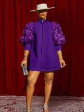 Lade das Bild in den Galerie-Viewer, Hoher Kragen, Dreiviertel-Puffärmel, Reißverschluss, lockeres Mini-Shift-Tunika-Kleid, 3 Farben verfügbar