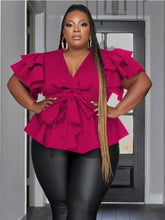 Lade das Bild in den Galerie-Viewer, Elegante Bluse mit tiefem V-Ausschnitt, Peplum, Rüschen, kurzen Ärmeln, hoher Taille, Schnürung und lockerem Schnitt in Übergröße