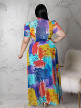 Carregar imagem no visualizador da galeria, Blusa de Topo Longo com Impressão em Chiffon, Mangas Curtas Puff, Perspectiva Dividida, Hollow, Malha Transparente