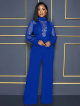 Carregar imagem no visualizador da galeria, Macacão de Renda com Lantejoulas Transparente de Gola Alta e Manga Longa com Pernas Largas