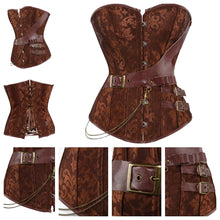 Carica l'immagine nel visualizzatore di Gallery, Stretto in vita in PU in stampa floreale con fibbia e catena, corsetto bustier con stecche in acciaio sopra il busto, 2 colori diversi, taglie fino a 7XL