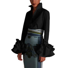 Carregar imagem no visualizador da galeria, Flare Trumpet Sleeve Camisa Blusa com Gola Virada Top 3 Cores Diferentes Disponíveis