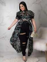 Carregar imagem no visualizador da galeria, Blusa de Topo Longo com Impressão em Chiffon, Mangas Curtas Puff, Perspectiva Dividida, Hollow, Malha Transparente