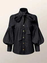 Carregar imagem no visualizador da galeria, Bow Embellished Lantern Sleeve Elegant Imitation Denim Shirt Blouse Top 4 Different Colors Available