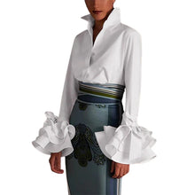 Carregar imagem no visualizador da galeria, Flare Trumpet Sleeve Camisa Blusa com Gola Virada Top 3 Cores Diferentes Disponíveis