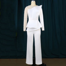 Carregar imagem no visualizador da galeria, Macacão/ Jardineira Elegante Luxuosa de Cintura Alta com Contas Branco Preto