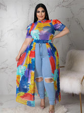 Carregar imagem no visualizador da galeria, Blusa de Topo Longo com Impressão em Chiffon, Mangas Curtas Puff, Perspectiva Dividida, Hollow, Malha Transparente