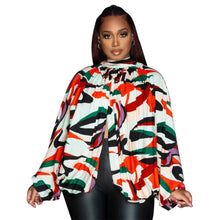 Carregar imagem no visualizador da galeria, Blusa Top de Chiffon com Estampa, Gola O, Mangas Asa de Morcego Plissadas Irregulares e Laço nas Costas