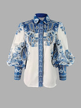 Carregar imagem no visualizador da galeria, Elegant Blusa Vintage com Estampa Floral, Gola e Mangas Bufantes