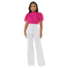 Carregar imagem no visualizador da galeria, Blusa de Renda com Gola Alta, Manga Curta e Detalhe Vazado