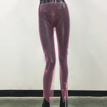 Cargar imagen en el visor de la galería, Pantalón Legging Largo con Abertura Lateral, Brillante con Diamantes de Strass, Malla de Red Transparente, Disponible en 8 Colores Diferentes