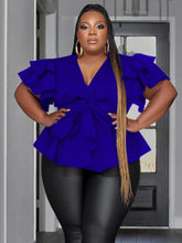 Lade das Bild in den Galerie-Viewer, Elegante Bluse mit tiefem V-Ausschnitt, Peplum, Rüschen, kurzen Ärmeln, hoher Taille, Schnürung und lockerem Schnitt in Übergröße