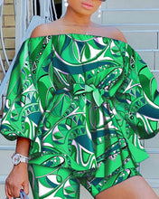 Cargar imagen en el visor de la galería, Conjunto estampado de dos piezas con top y pantalones cortos sin hombros, conjunto dulce de verano, tallas L-3XL