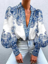 Carregar imagem no visualizador da galeria, Elegant Blusa Vintage com Estampa Floral, Gola e Mangas Bufantes