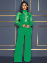 Carregar imagem no visualizador da galeria, Macacão de Renda com Lantejoulas Transparente de Gola Alta e Manga Longa com Pernas Largas