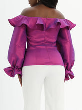 Carica l'immagine nel visualizzatore di Gallery, Blusa Ruffle Lucida con Spalle Scoperte