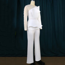 Carregar imagem no visualizador da galeria, Macacão/ Jardineira Elegante Luxuosa de Cintura Alta com Contas Branco Preto