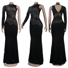 Load image into Gallery viewer, One Sleeve Sheer Mesh Rhinestone Crystal Evening Bodycon Maxi Dress