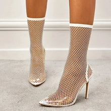 Cargar imagen en el visor de la galería, Bota de pantorrilla de calcetín de malla elástica con cristal y tacón de aguja de punta afilada (disponible en 5 colores diferentes)