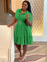 Carregar imagem no visualizador da galeria, Vestido Camisa de Botão Liso com Babados e Manga Curta em A-Line, Disponível em 2 Cores Diferentes