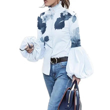 Cargar imagen en el visor de la galería, Loose Blusa elegante con cuello alto abotonado, mangas abullonadas y estampado de hojas