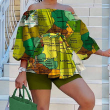 Cargar imagen en el visor de la galería, Conjunto estampado de dos piezas con top y pantalones cortos sin hombros, conjunto dulce de verano, tallas L-3XL