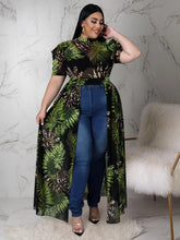 Carregar imagem no visualizador da galeria, Blusa de Topo Longo com Impressão em Chiffon, Mangas Curtas Puff, Perspectiva Dividida, Hollow, Malha Transparente