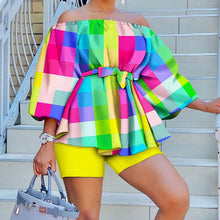 Cargar imagen en el visor de la galería, Conjunto estampado de dos piezas con top y pantalones cortos sin hombros, conjunto dulce de verano, tallas L-3XL