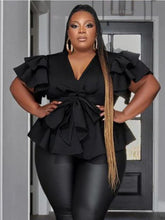 Lade das Bild in den Galerie-Viewer, Elegante Bluse mit tiefem V-Ausschnitt, Peplum, Rüschen, kurzen Ärmeln, hoher Taille, Schnürung und lockerem Schnitt in Übergröße