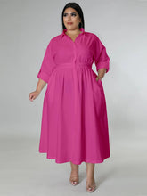 Carregar imagem no visualizador da galeria, Vestido Maxi Smock Largura Solta de Manga Longa com Lapela e Botão Único
