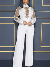 Carregar imagem no visualizador da galeria, Macacão de Renda com Lantejoulas Transparente de Gola Alta e Manga Longa com Pernas Largas