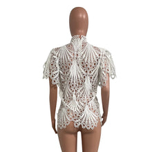 Carregar imagem no visualizador da galeria, Blusa de Renda com Gola Alta, Manga Curta e Detalhe Vazado