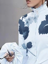 Cargar imagen en el visor de la galería, Loose Blusa elegante con cuello alto abotonado, mangas abullonadas y estampado de hojas