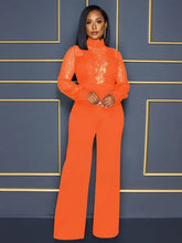 Carregar imagem no visualizador da galeria, Macacão de Renda com Lantejoulas Transparente de Gola Alta e Manga Longa com Pernas Largas