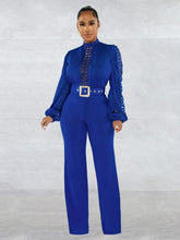 Charger l'image dans la visionneuse de la galerie,Combinaison slim à manches longues et col montant avec ceinture à la taille, longueur sol, découpée