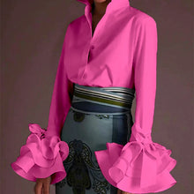 Carregar imagem no visualizador da galeria, Flare Trumpet Sleeve Camisa Blusa com Gola Virada Top 3 Cores Diferentes Disponíveis