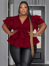 Lade das Bild in den Galerie-Viewer, Elegante Bluse mit tiefem V-Ausschnitt, Peplum, Rüschen, kurzen Ärmeln, hoher Taille, Schnürung und lockerem Schnitt in Übergröße