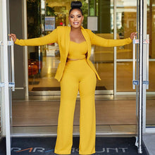 Carregar imagem no visualizador da galeria, Conjunto de 3 Peças Blazer Top Calça Sólida com Riscas Combinação