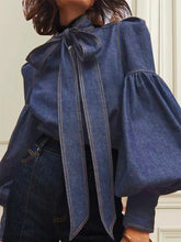 Carregar imagem no visualizador da galeria, Bow Embellished Lantern Sleeve Elegant Imitation Denim Shirt Blouse Top 4 Different Colors Available