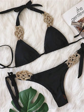 Carregar imagem no visualizador da galeria, Conjunto de Biquíni de Malha de Duas Peças com Top Halter Push Up e Tanga com Patchwork Nó Infinito