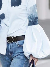 Cargar imagen en el visor de la galería, Loose Blusa elegante con cuello alto abotonado, mangas abullonadas y estampado de hojas