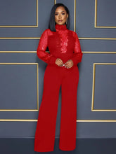 Carregar imagem no visualizador da galeria, Macacão de Renda com Lantejoulas Transparente de Gola Alta e Manga Longa com Pernas Largas