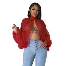 Carregar imagem no visualizador da galeria, Blusa Top de Chiffon com Estampa, Gola O, Mangas Asa de Morcego Plissadas Irregulares e Laço nas Costas