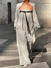 Charger l'image dans la visionneuse de la galerie,Veste sans col à manches longues avec combinaison sans bretelles et dos nu taille haute à jambes larges ceinturée ensemble de 2 pièces 4 couleurs