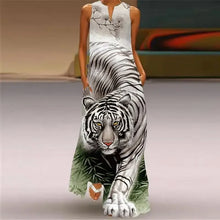 Carregar imagem no visualizador da galeria, Vestido Maxi Longo Solto em Linha A com Decote em V, Sem Mangas e Estampa de Tigre